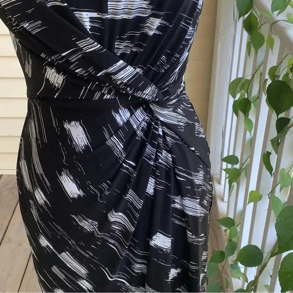 Lauren Ralph Lauren Scuba Knit Faux Wrap Dress 10 Black White Ruched Poly Money - Picture 7 of 10